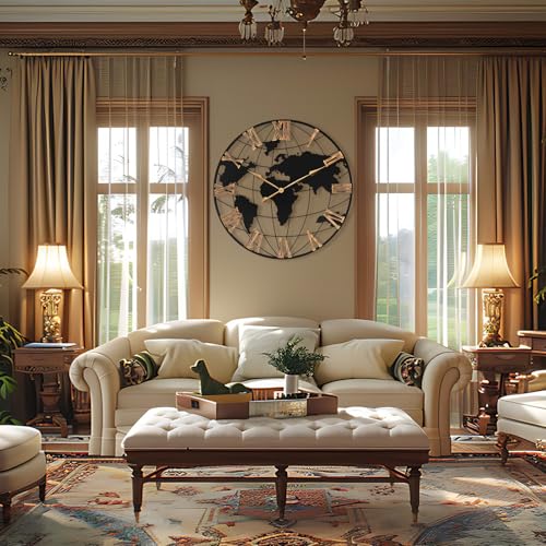Pytha Sight 36 Inch Large Extra Metal Oversized Roman World Map Wall Clock - color: Gold Roman, size: 36 inch