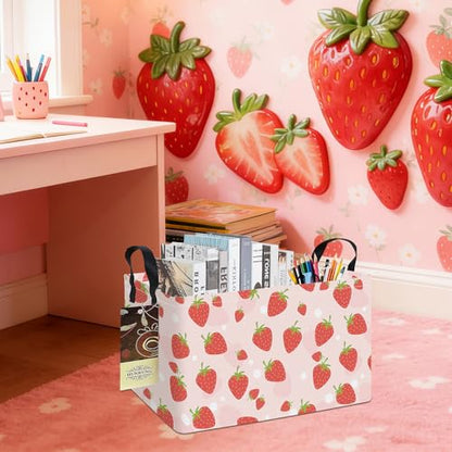 Rectangle Foldable Storage Basket Handles For Home, Pink Strawberry - color: REC-Pink Strawberry