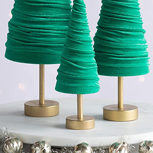 Green Pedestal Velvet Trees Set of 3, Elegant Mantel décor, Valentine Accent, Office Bookcase, Handcrafted Wedding Centerpiece, Cozy Entryway (Green) - color: Green