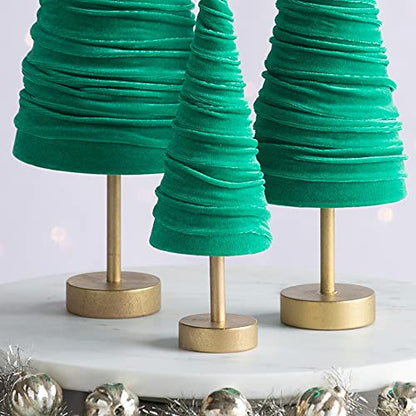 Green Pedestal Velvet Trees Set of 3, Elegant Mantel décor, Valentine Accent, Office Bookcase, Handcrafted Wedding Centerpiece, Cozy Entryway (Green) - color: Green