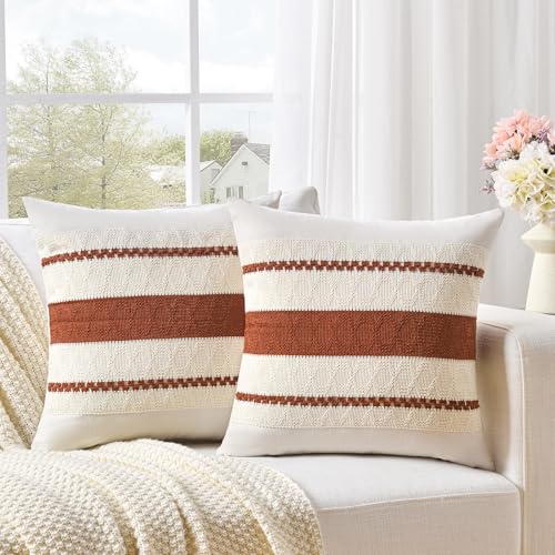 Fancy Homi Set of 2 Rust Boho Small Decorative Throw Pillow Covers 14x14 Inch for Couch Bed Sofa, Aesthetic Modern Organic Fall Room Decor, Soft Cotton Cute Terracotta Farmhouse Cushion Case Gift - color: Rust, size: 14" x 14" (Pack of 2)