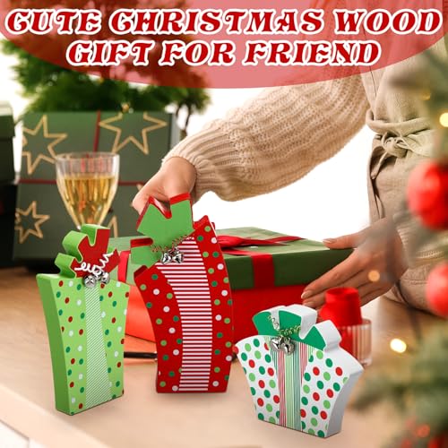 3 Pcs Christmas Table Decoration Whimsical Red Green Wooden Gift Box Sign - style: Whimsical