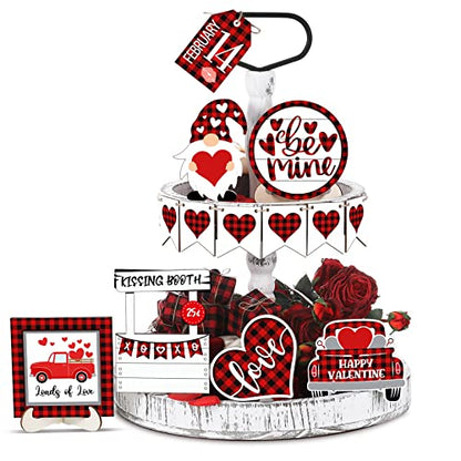 12 Pieces Valentine's Day Tiered Tray Decor Buffalo Plaid Table Wooden Sign Decorations Gnome Tabletop Heart Signs Be Mine Love Decor for Valentine's Day Party Home Kitchen Holiday(Plaid Heart) - style: Plaid Heart