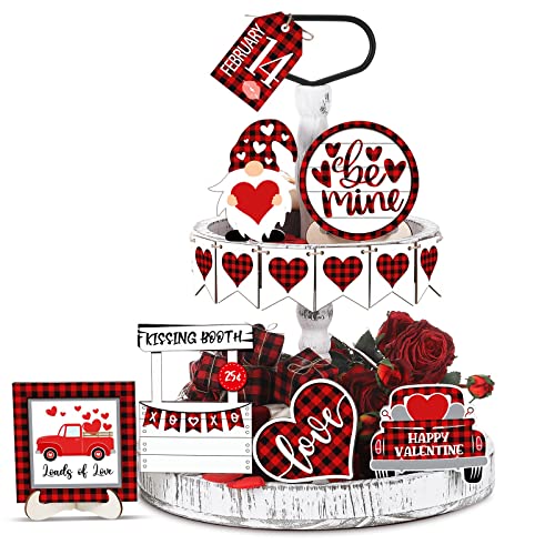 12 Pieces Valentine's Day Tiered Tray Decor Buffalo Plaid Table Wooden Sign Decorations Gnome Tabletop Heart Signs Be Mine Love Decor for Valentine's Day Party Home Kitchen Holiday(Plaid Heart) - style: Plaid Heart