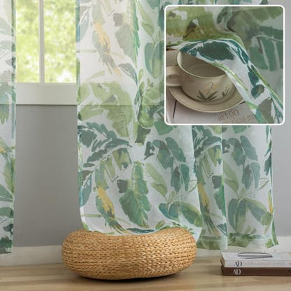 Green Sheer Curtains 63 Inch Length for Living Room 2 Panels - color: Tropical Leaf and Bird, size: 50"W x 63"L (Pack of 2)