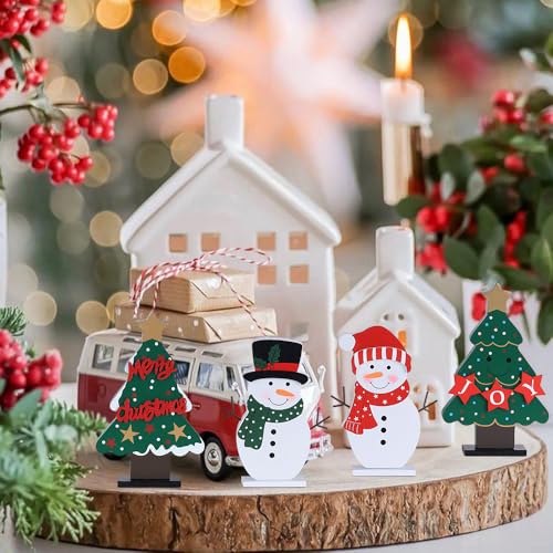 DECSPAS Christmas Decorations Indoor, 4 PCS Wood Christmas Trees & Snowmen for Centerpiece Table Decorations, Wooden Tiered Tray for Xmas Decor, Home, Winter, Tabletop, Mantel, Shelf, Gifts - style: Christmas - Christmas Trees, Snowmen