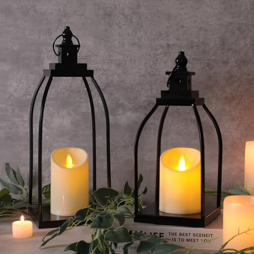 Decorative Candle Lanterns Set of 2, Black Metal for Indoor & Outdoor - size: 12+15in