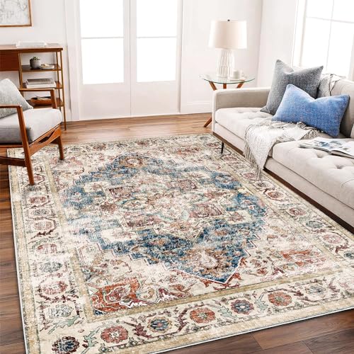 CHAMPLANT Washable Area Rug 9'x12' Beige Blue Boho Chic Medallion Distressed Design Non-Shedding Easy Care Ideal for High Traffic Areas in Living Room Bedroom Office Coffee Table Large Carpet - color: Beige and Blue, size: 9' x 12' (Rectangular)