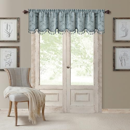 Mia Beaded Scallop Valance, Blue - 52" W x 19" L - color: Blue