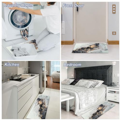 Mrcrypos 2 Pieces Luxury Black and Gold Marble Kitchen Mats PVC Leather - color: Black Marble, size: 17" W x 29" L + 17" W x 47" L