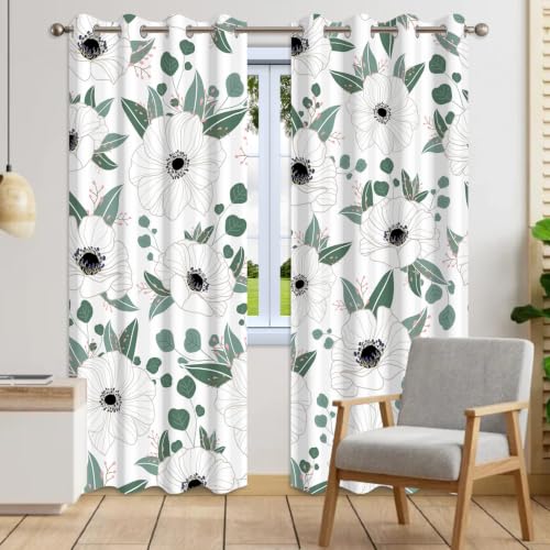 White Floral Blackout Curtains for Bedroom, 84 Inches Long 2 Panels Set - color: Floral-f