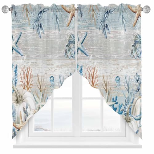 Fall Coastal Swag Valances Kitchen Curtains 36 Inches Length,Thanksgiving White Pumpkin Tier Drapes Swag Topper,Blue Ocean Starfish Coral Short Window Treatments for Small Window Cafe 2 Panels 28"x36" - color: Blue Gray, size: 28"W x 36"L (Pack of 2)