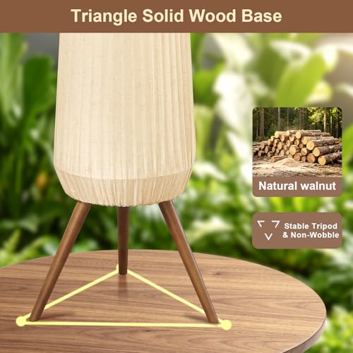 61'' Oatmeal Fabric Pleated Floor Lamp, Walnut Wood Tripod Base