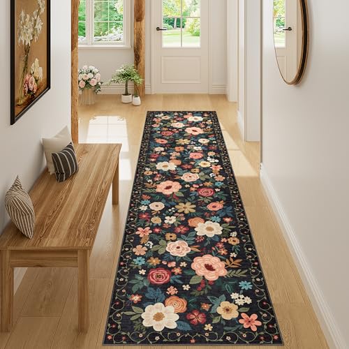 DUKINO 2x8 Runner Rug, Floral Washable Kitchen Runner Rug Non Slip, Black - color: Black, size: 2' x 8' (Rectangular)