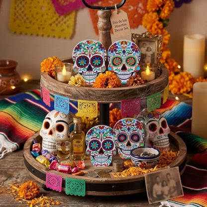 DECSPAS Day of the Dead Decor, 4 PCs Wood Block Sugar Skulls Dia De Los Muertos Decorations, Wooden Skeleton Tiered Tray Decor for Altar, Ofrenda, Home, Table, Mantle, Mexican Fiesta - style: Day of the Dead - Skulls