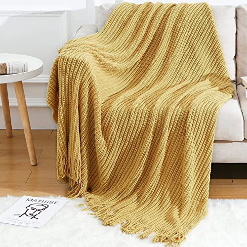 Blagic Knit Throw Blanket for Couch with Tassels,Mustard Yellow,50"x60" - color: D-mustard Yellow, size: 50 × 60 in