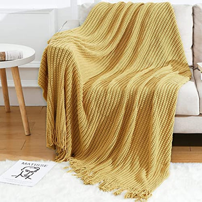 Blagic Knit Throw Blanket for Couch with Tassels,Mustard Yellow,50"x60" - color: D-mustard Yellow, size: 50 × 60 in