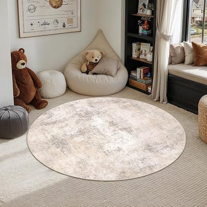 HUGEAR 4ft Round Beige Abstract Washable Rug for Living Room - color: Beige, size: 4' (Round)
