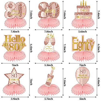 Turypaty Pink Rose Gold 80th Birthday Honeycomb Centerpieces Decorations for Women, 9Pcs Happy 80th Birthday Table Centerpieces Party Supplies, Eightieth Year Old Birthday Table Toppers Decor - style: Pink Rose Gold 80th