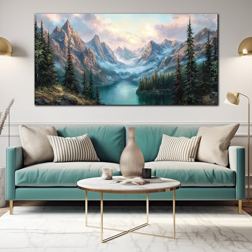 MXUNYZ Mountain Green Tree Lake Nature Landscape Prints Wall Art - color: Blue Green, size: 58"L x 29"W