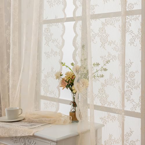 Anytime Beige Lace Sheer Curtain Panels for Living Room Elegant Window Treatment Sets Light Filtering Translucent Draperies for Office (2 Panels,W55 x L72inch) - color: Beige, size: 55"W x 72"L (Pack of 2)