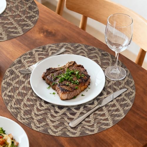 fanquare Natural 15" Round Burlap Placemats for Dining Table, Set of 6 Jute Woven Table Mats with Braided Wave Rim, Heat Resistant Rustic Boho Chargers - color: Brown