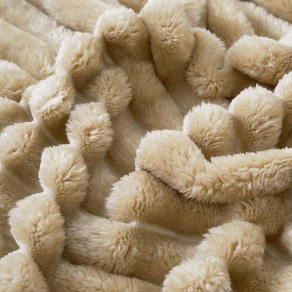 Taliska Ribbed Fleece Throw Blanket for Bed, Khaki, 90"x90" - color: Khaki, size: Throw(90"x90")