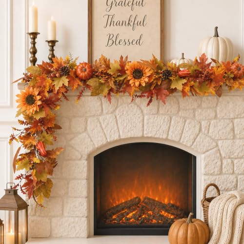 Fall Garland for Mantle, Thanksgiving Autumn Leaves Garlands for Decoration - size: 6 Ft Fall Garland