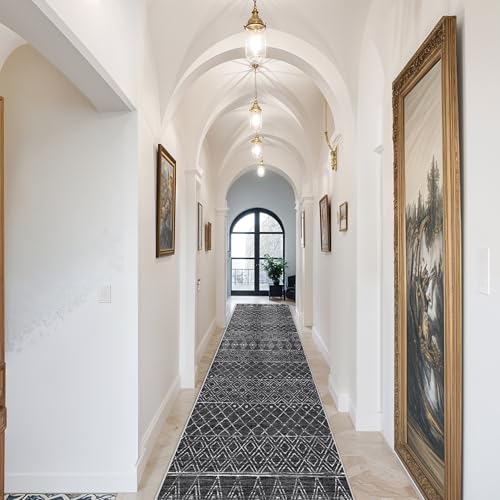 Washable 2.6x14 Runner Rug Moroccan: Hallway Non Slip Geometric Rugs Black - color: Black, size: 2'6" x 14' (Rectangular)
