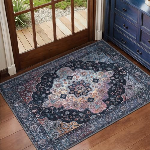 Tangsoo Vintage 2x3 Washable Rugs for Entryway, Non Slip Small Rug Blue - color: Navy/Multi, size: 2' X 3' (Rectangular)