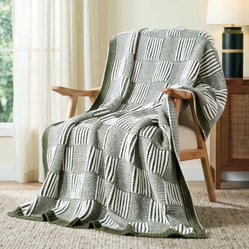 Amélie Home Checkered Knit Throw Blanket for Couch, Olive Green 50"x60" - color: Checkered Olive Green, size: 50" X 60"