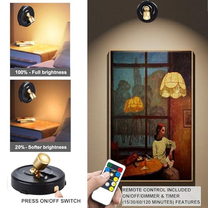 RAHAN Wireless LED Spotlight, 2Pack Battery Powered Picture Lights Puck Lights, Uplighting Indoor with Remote, Stick Spot Light for Wall Art Display Dartboard Painting Artwork Accent Closet - color: Black-G