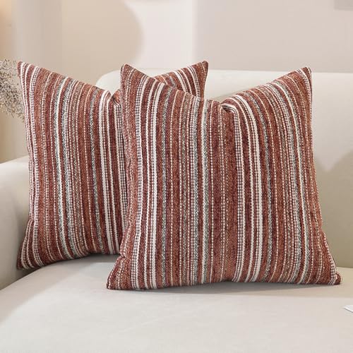 Chenille Throw Decorative Pillow Covers 18x18 Set of 2, Textured Striped Boho Couch Pillow Covers, Cozy Neutral Farmhouse Cushion Cover for Couch Sofa Bedroom Living Room, Red - color: Wine Red Stripe, size: 18" x 18" (Pack of 2)