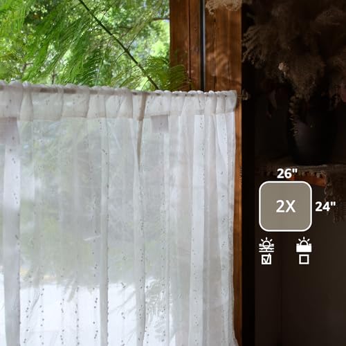 jinchan White Pom Pom Voile Kitchen Tier Curtains 24 Inches 2 Panels - color: Dottie Linen Whisper, size: 26"W x 24"L (Pack of 2)