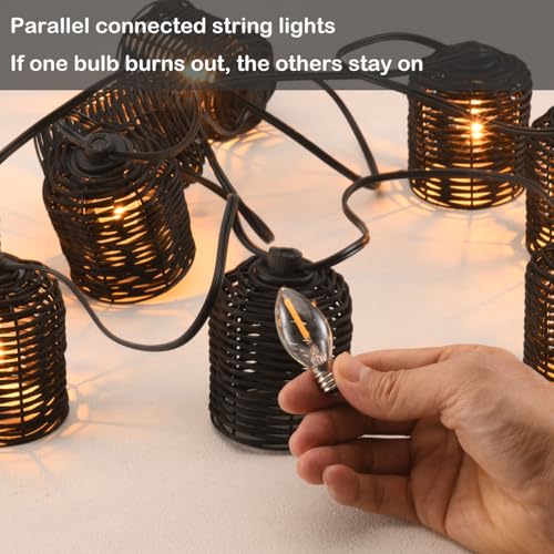 Natural Rattan String Lights, 10 Rustic Raffia Cage, 13 Ft Plug in & Connectable Wicker Lights,Black Rattan - color: Black Rattan