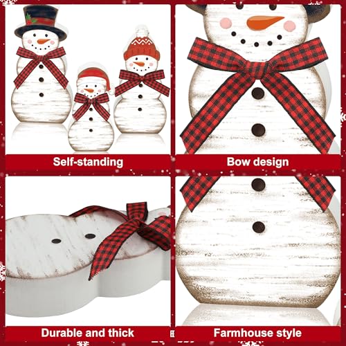 3 Pcs Christmas Snowman Wooden Table Decorations Winter Snowman Tabletop Centerpiece Wood Block Sign Rustic Farmhouse Xmas Tiered Tray Decor for Christmas Winter Holiday Home Office Shelf Party Decor