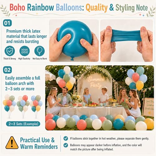 Boho Rainbow Balloons 60 Pcs 12 Inch Retro Blue Orange Yellow Green Balloon - color: Retro Blue Orange Yellow Green