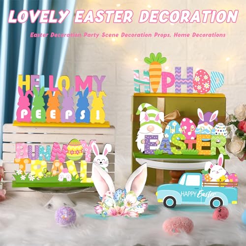 6 Pcs Easter Tabletop Decorations Easter Table Decor Tiered Tray Decorations Set Happy Bunny Egg Truck Wooden Signs Gnome Rustic Table Centerpiece for Home Spring Party - style: Bunny
