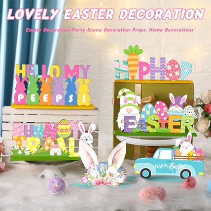 6 Pcs Easter Tabletop Decorations Easter Table Decor Tiered Tray Decorations Set Happy Bunny Egg Truck Wooden Signs Gnome Rustic Table Centerpiece for Home Spring Party - style: Bunny
