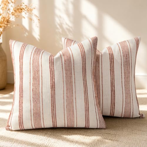 AELS 18x18 Decorative Farmhouse Linen Blend Throw Pillow Covers, Beige with Terracotta Chenille Striped Pillow Case, Set of 2, Boho Textured Cushion Cover for Sofa Couch Living Room (Cover ONLY) - color: Terracotta, size: 18" x 18" (Pack of 2)
