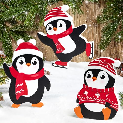 COCHIE Penguin Christmas Decorations Indoor, Cute Penguins Winter Tiered Tray Decor Set of 3, Wooden Penguin Blocks Xmas Table Decoration for Party Home Office Shelf Door (Red) - color: Red