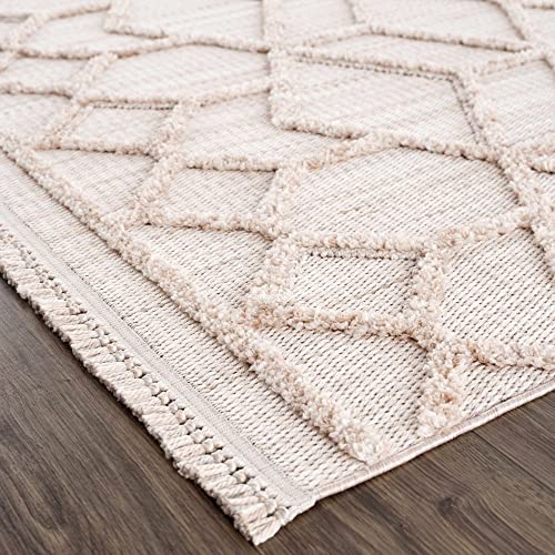 Hauteloom Hive Farmhouse Living Room Bedroom Modern Moroccan Trellis Area Rug - Soft Shaggy High Low Carpet - High Pile - Bohemian, Boho - Gray, Brown, Beige, Cream - 5'3" x 7' - color: Cream, Beige, Light Gray / Malilinao, size: 5'3" x 6'11" (Rectangular