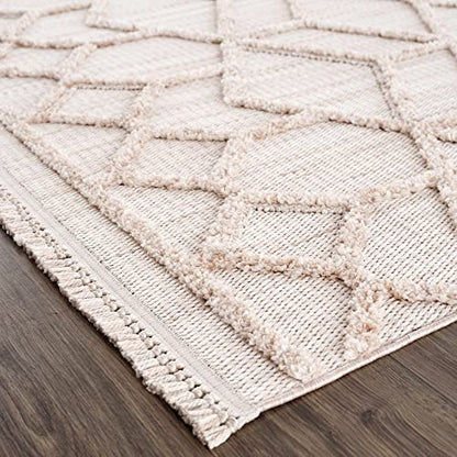 Hauteloom Hive Farmhouse Living Room Bedroom Modern Moroccan Trellis Area Rug - Soft Shaggy High Low Carpet - High Pile - Bohemian, Boho - Gray, Brown, Beige, Cream - 6'7" x 9' - color: Cream, Beige, Light Gray / Malilinao, size: 6'7" x 9' (Rectangular)