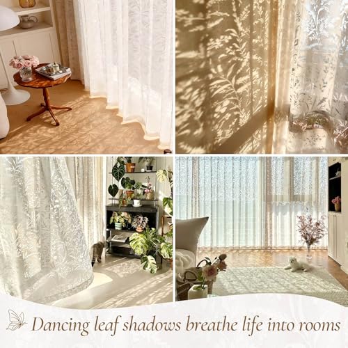 WUBODTI White Lace Semi Sheer Curtains Living Room 72 Inch Length 2 Panels - color: White Leaf, size: 52"W x 72"L (Pack of 2)