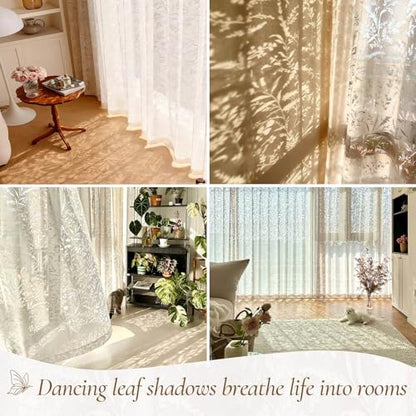 WUBODTI White Lace Semi Sheer Curtains Living Room 72 Inch Length 2 Panels - color: White Leaf, size: 52"W x 72"L (Pack of 2)