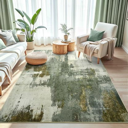 Kelarea Washable Area Rug 4x6, Non-Slip Low Pile Abstract Green - color: Green, size: 4' x 6' (Rectangular)
