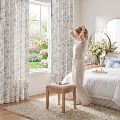 jinchan Linen Curtains 90 inch Blue Floral Farmhouse Rod Pocket 2 Panels - color: Amlie Blue, size: 50"W x 90"L (Pack of 2)