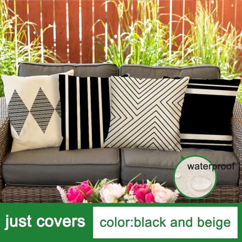 Outdoor Pillow Covers Waterproof,22x22 inch Black and Beige Boho Set of 4 - color: Black and Beige, size: 22" x 22" (Pack of 4)