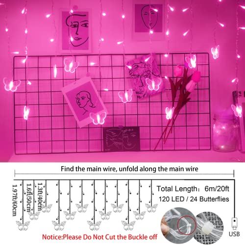 Butterfly Curtain Fairy Lights USB Plug in,120 LED 8 Modes 20FT Firefly Twinkle Icicle String Lights with Remote Timer Waterproof Copper Wire for Bedroom Patio Christmas Wedding Party Dorm(Pink) - color: Pink