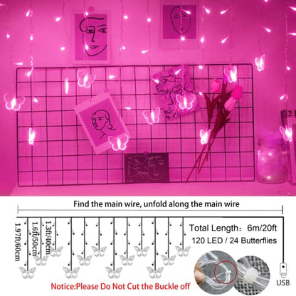 Butterfly Curtain Fairy Lights USB Plug in,120 LED 8 Modes 20FT Firefly Twinkle Icicle String Lights with Remote Timer Waterproof Copper Wire for Bedroom Patio Christmas Wedding Party Dorm(Pink) - color: Pink